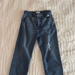 LOFT Women's Dark Blue Straight Leg Jeans with Light Distressing